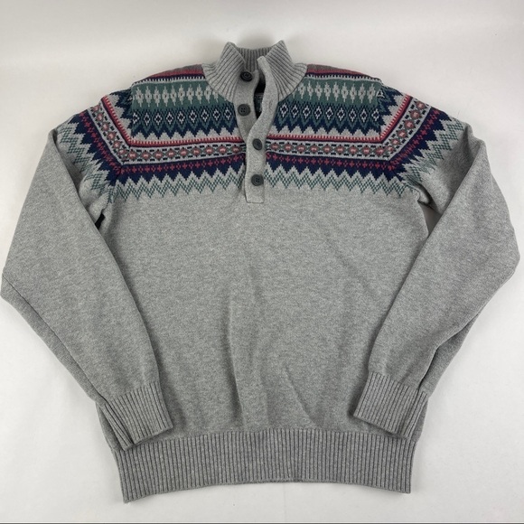 Izod Sweater Mens Medium Gray Mock Neck Buttons Long Sleeve - Picture 1 of 9